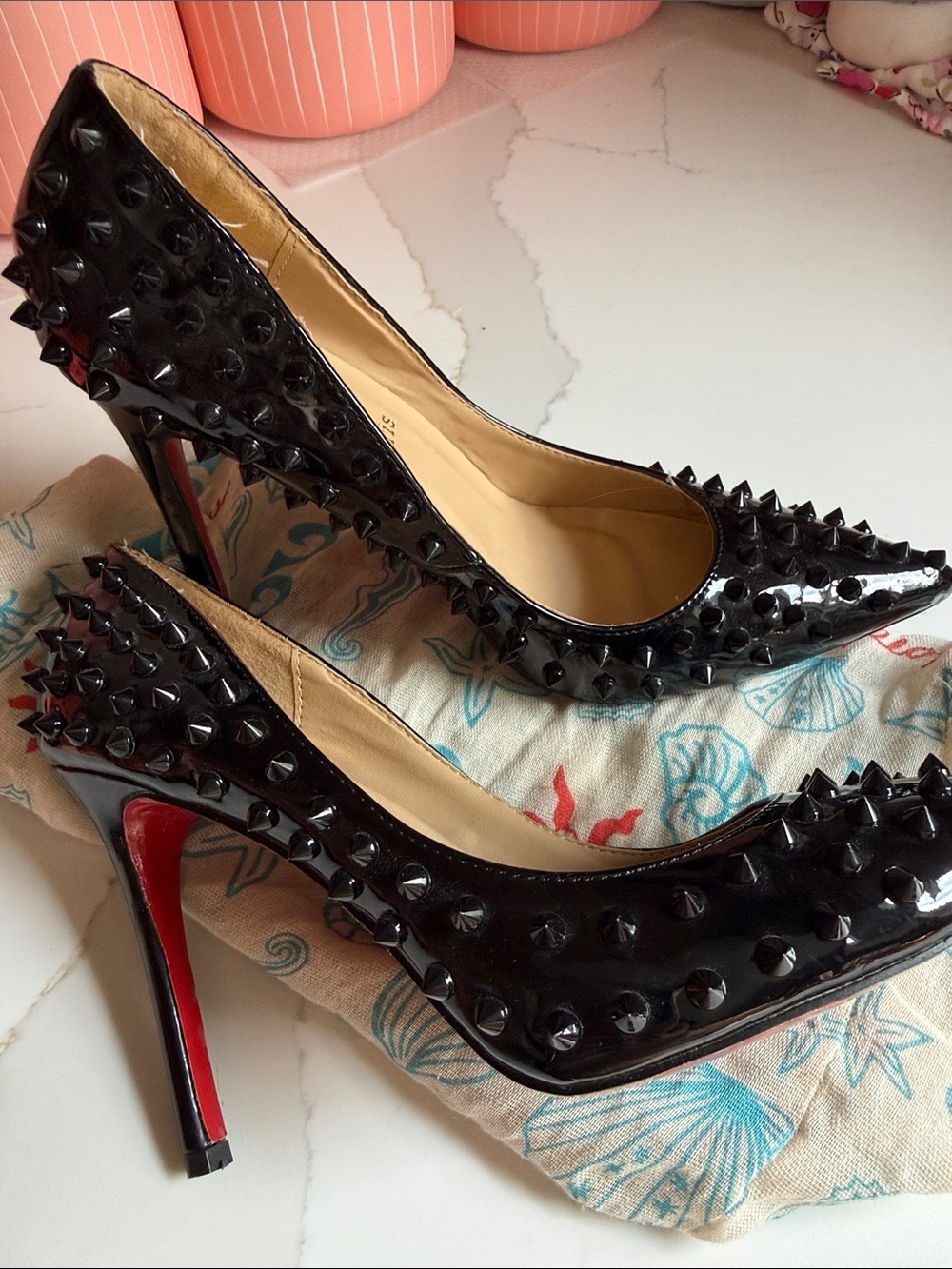 NEW Louboutin Replica Black Studded Patent Pointed-Toe High Heels 8 red soles